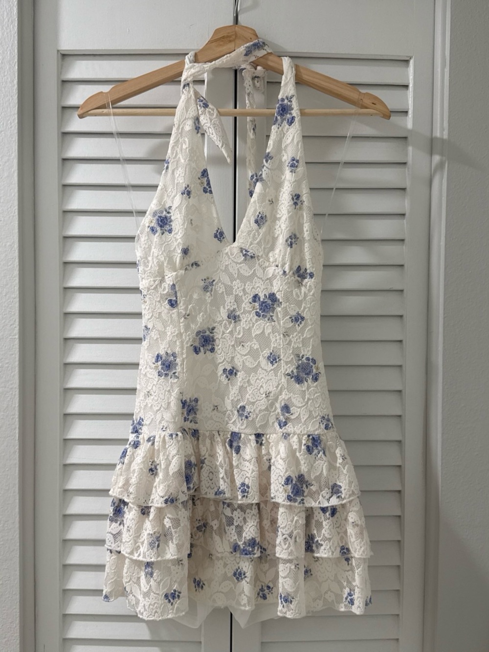 Windsor White Lace Halter Mini Dress with Blue Floral Print